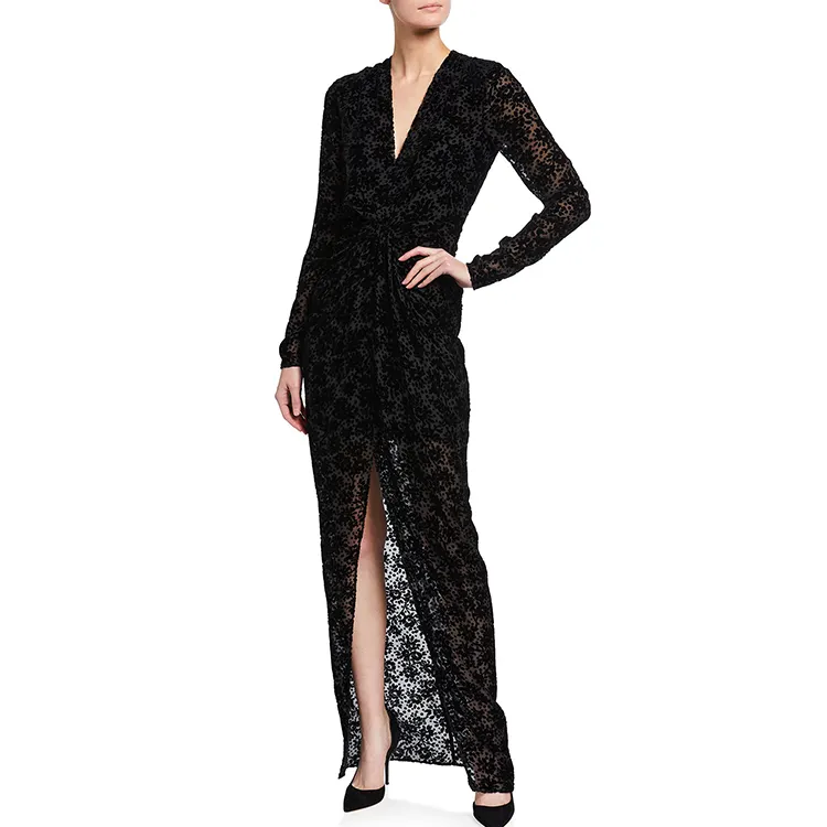 Luxury Sexy Design Custom Wholesale Women'S Long Sleeve V-Neck Twist Front Split Front Slit Black Velvet Gown Evening Long Dress