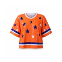 Atasan Crop Sequin Oranye Mewah Bordir Bintang Oranye Tim Baseball Houston untuk Wanita Tersedia