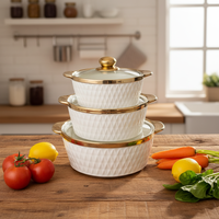 Ensemble de 3 casseroles en céramique de luxe pour servir, motif diamant, bordure dorée, bol à soupe en porcelaine avec couvercle en verre pour usage domestique