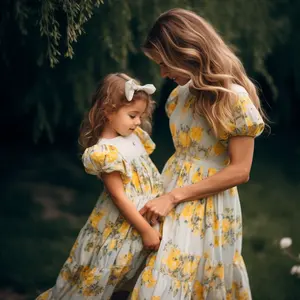 Aile donatılmış aile donatılmış anne ve kızı eşleşen elbise OEM ODM hizmeti giyim üreticileri çiçek baskı fırfır elbise