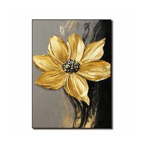 Peinture noire Golden Bloom, toile minimaliste faite à la main, œuvre d'art pour hôtel, décoration murale texturée pour la maison, décoration commerciale - Product Image 2