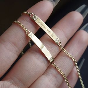 Xinfly Classic <b>Men</b> and Women Pure Solid 18k Gold Custom Fine Jewelry Blank Sideways Engraved Letter Bar Cuban Link Bracelet - Product Image 4