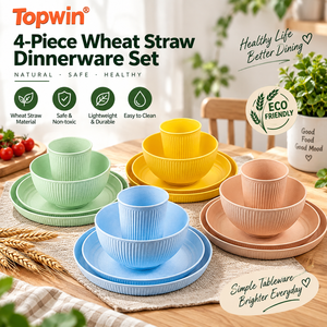 Ensemble de vaisselle en paille de blé 4 pièces Assiette Plat Bol Tasse Incassable Écologique Stocké Style américain Résistant à la décoloration Camping - Product Image 1