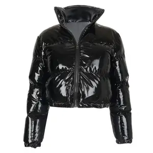 Women Shiny Wet Look Vinyl Thick Puffer Coats Women Shiny Wet Look Vinyl Thick Puffer Padded Quilted Cropped Short Jacket Coat