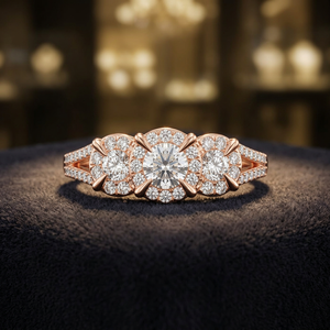 Round Cut Lab Grown Diamond Three <b>Stone</b> Halo Engagement <b>Ring</b> <b>with</b> Split Shank in 10K 14K 18K Gold 925 935 <b>Silver</b> - Product Image 1