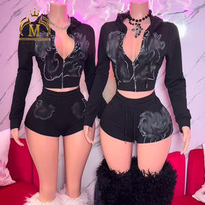 Frühling Herbst Damen-Sets Bedruckte Langarm-Crop-Jacke und Shorts Zweiteiliges Set Lässiges Kapuzen-2-Teiler Damen Jogger-Outfits - Product Image 1