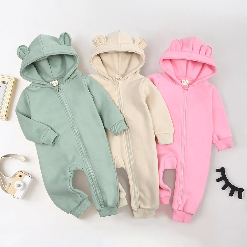 Pasgeboren Baby Meisjes Jongens Bodysuit Winter Baby Rits Romper Jumpsuit Effen Beer Oor Hoodie Baby Kleding Rompertjes Groothandel