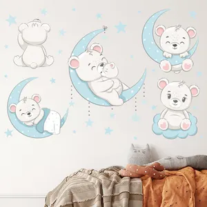 2023 News Cartoon Bear Wall Stickers Sleeping Bears On Moon Decals Creative Kid's Bedroom Stickers Children's Decorative Murals