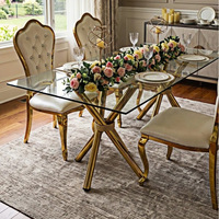 Table à manger rectangulaire en verre transparent de luxe léger, fabrication directe d'usine de Foshan, pieds en acier inoxydable plaqué or pour la maison