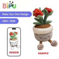 Pot de fleurs en peluche super doux personnalisé avec 3 fleurs roses souriantes, rembourrage en coton PP, jouet en forme de pot de fleurs rembourré