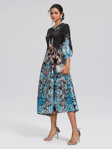 Robe midi plissée à imprimé floral bleu 2026 pour <span class=keywords><strong>femme</strong></span>, col rond, manches lanternes 3/4, coupe trapèze, <span class=keywords><strong>style</strong></span> décontracté <span class=keywords><strong>bohème</strong></span> - Product Image 3