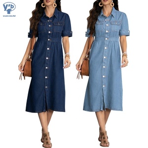YUANBOFEI Women's Denim Shirt Dress Button Jean Ankle-Length <strong>Short</strong> Sleeve Dark Light Wash Casual Straight Elastic Waist Summer - Product Image 1