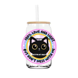 Funny Black Cat With Positive Quote 16OZ UV DTF Cup Wrap Transfer Stickers Custom Label DIY Waterproof Logo For Libbey Glass Can