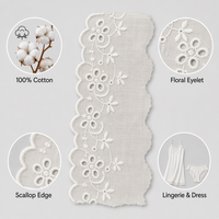 Bordir Katun Ivory Vintage dengan Renda Bunga, Kain Tulle Anti-statis, Gaya Formal/Seksi untuk Gaun Lingerie Wanita