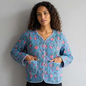 Quilted Floral Cotton Jacket Women's V-Neck Full Sleeve Prairie Chic Spring Style Patch Pocket Regular Length Open <b>Stitch</b> <b>gift</b> - Product Image 1