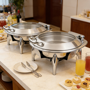 Chauffe-Plat Moderne Rond en Acier Inoxydable à Couvercle en Verre, Chauffé au Gaz, pour Buffets d'Hôtels, Restaurants, Mariages et Traiteurs - Product Image 5