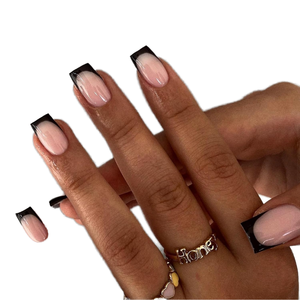 24 <span class=keywords><strong>Uñas</strong></span> Postizas Francesas Simples con Borde Negro, <span class=keywords><strong>Uñas</strong></span> Postizas Cortas Hechas a Mano de ABS, Caja de <span class=keywords><strong>Uñas</strong></span> Postizas <span class=keywords><strong>Elegantes</strong></span> - Product Image 1