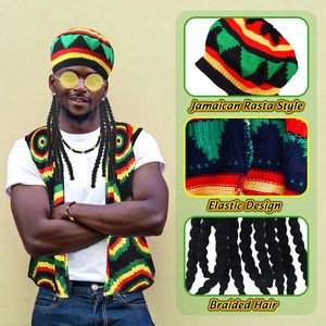 5-teiliges Rasta-Kostüm-Zubehör-Set, Jamaikanisches <span class=keywords><strong>Reggae</strong></span>-Outfit-Kit, T-Shirts, Hüte, Sonnenbrillen, Halsketten, Armbänder für Erwachsene, Männer und Frauen - Product Image 4