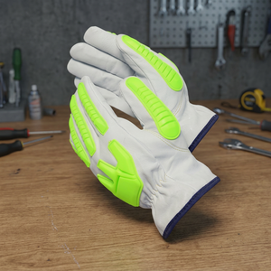Gants de travail en cuir blanc avec paume et doigts antidérapants verts, gants de sécurité polyvalents - Product Image 4