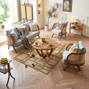 Juego de Sofás de Ratán Natural y Madera de Fresno Estilo Wabi-Sabi con Mesa de Centro Redonda - Muebles Modernos para Sala de Estar, Conjunto de 3 Piezas - Product Image 1