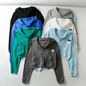 Hot Bán Waffle Mô Hình Phụ Nữ Crop Hoodies Bông Dây Kéo Mui Xe Dệt Kim Cô Gái Áo Len