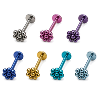 Anting-anting titanium ASTM F136 bentuk bunga, flat back, labret stud, helix cartilage, ulir dalam, perhiasan tindik