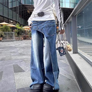 American Street Style Asymmetrical Washed Chiffon Jeans for <b>Women</b> 2025 Spring New <b>Boot</b> Cut Loose Cute Draped Long Pants - Product Image 2