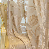 Voilage Jacquard Floral Pivoine Marron Café à Œillets, Rideau en Voile Polyester pour Chambre, Salon, Balcon