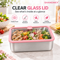 Boîte à lunch bento réutilisable en acier inoxydable 304 avec couvercle en verre trempé et bord en silicone coloré moderne
