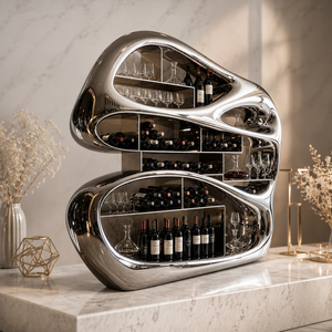 Casier à vin moderne abstrait en acier inoxydable, meuble de luxe miroir épuré pour bar et décoration intérieure, métal futuriste - Product Image 4