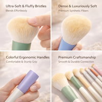 Mini Kit de Pinceaux de Maquillage Écologiques et Colorés – 10 Pièces avec Manche en Bois, Fibres Synthétiques, Styles Angulaires et pour Estomper le Fard à Joues, Sac en Maille pour le Visage