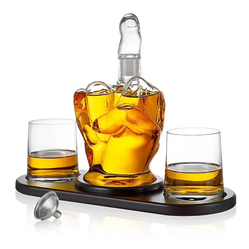 Caldo su misura senza piombo decanter in vetro decanter dito medio whisky set accessori bar con bicchieri da whisky e base in legno