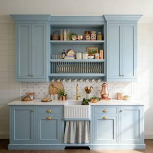 Muebles de Cocina Personalizados, Armarios de Cocina de Madera Maciza Azul Claro, Diseños de Lujo con Accesorios Dorados - Product Image 3