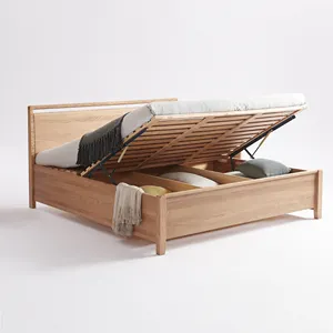 Estrutura de cama de caixa de armazenamento de madeira de cinza sólida, camas de plataforma resistentes para colchão, rei e rainha, conjuntos de ripas de cama de madeira de tamanho completo