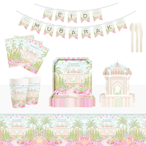 Ensemble de vaisselle jetable DAMAI pour le Ramadan et l'Aïd, comprenant des assiettes de 9 pouces, des gobelets, des serviettes - Design moderne et luxueux pour les repas en intérieur - Product Image 1