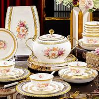 Service de vaisselle en porcelaine Royal Rose de Jingdezhen, motif floral, bord doré, compatible lave-vaisselle/micro-ondes/four, pour la maison et les banquets de sushis
