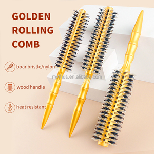 Pettine per Parrucchieri in Oro con Setole di Cinghiale e Nylon, Spazzola Rotonda con Manico in Legno per Asciugatura, Arricciatura e Lisciatura - Product Image 1