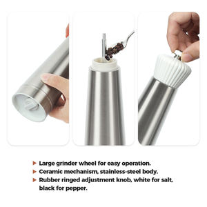 Juego de molinillo de sal y pimienta de acero inoxidable con acabado personalizado con molinillo ajustable y botón de acero inoxidable 304 para uso comercial - Product Image 3