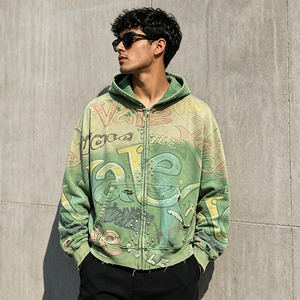 Felpa con Zip Vintage da Uomo, Stampa Graffiti Integrale, Verde, Orlo Strappato, Giacca Streetwear con Borchie - Product Image 2