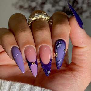 Faux ongles français ABS nude violet foncé, ongles à presser en amande avec motifs linéaires, réutilisables, 24 pièces - Product Image 2