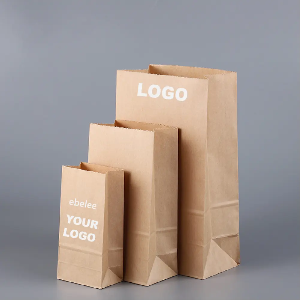 Op Maat Gemaakte Logo Afdrukken Wegwerp Afhaalmaaltijden Verpakking Platte Bodem Zak Toast Gebakken Brood Fast Food Afhaalbare Kraft Papieren Zak
