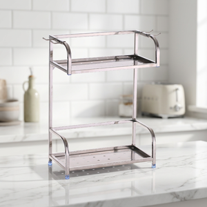 AK Brass Metal Floor/Wall Shelve With 2 Tiers Hole Design & Top <b>Hooks</b> Utility Shelve In Silver Finished For Office & Room Decor - Product Image 3