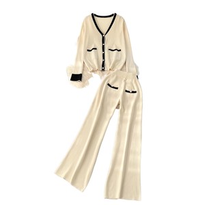 Completo Autunno Inverno Stile Vintage Francese, Maglia Larga con Bottoni e Motivo a Rombi, Pantaloni Casual a Gamba Larga ad Asciugatura Rapida - Product Image 4
