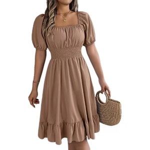 Abito Casual alla Moda con Scollo Quadrato per Donne, Maniche Corte, Vita Stretta, Stile A-Line con Volant - Product Image 2