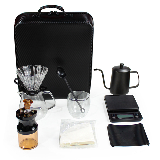Vintage Black/White Metal 600ml Hand Brewing Kettle Grinder Pot Travel Bag Coffee Brew Kit Barista Kit