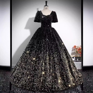Black Sequined Ball Gown Empire Waist Scoop Neck Evening Dress Women Formal Party Wedding - Product Image 1