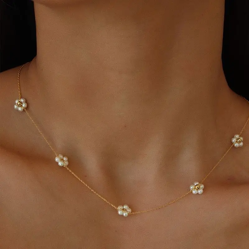 Thời trang Hàn Quốc 18K vàng mạ Bead daisy hoa dây chuyền ngọc trai cho phụ nữ cô gái xinh xắn trắng ngọc trai Choker Vòng cổ