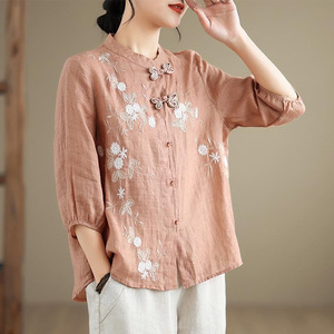 Chinese Style Stand Up Collar Shirt Women Blue Cotton Linen Three Quarter Sleeve Embroidered Blouse Everyday Wear - Product Image 3