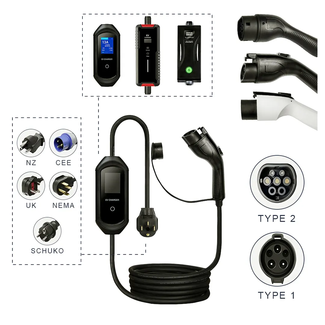 Alta calidad tipo 2 Ac Au estándar 3 fases 16A caja de Control de aplicación móvil 7Kwt 32A cargador Ev portátil con pistola tipo 2