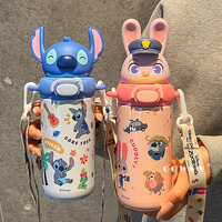 Bouteille Isotherme Disney en Acier Inoxydable avec Paille, Couvercle et Cordon pour Enfants, Idéale pour l'École et Comme Cadeau